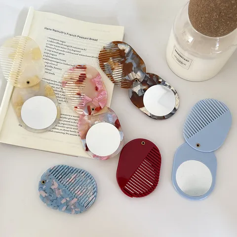 Acetate Portable Folding Makeup Mirror Hair Comb Combo Vintage Retro Marble Pattern Pocket Oval Vanity Mirror For Women