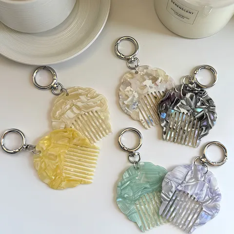 Portable Mini Acetate Seashell Comb Keychain For Women Pearl Marble Texture Hair Comb Bag Charm Key Ring Pendant Gift