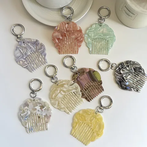 Portable Mini Acetate Seashell Comb Keychain For Women Pearl Marble Texture Hair Comb Bag Charm Key Ring Pendant Gift