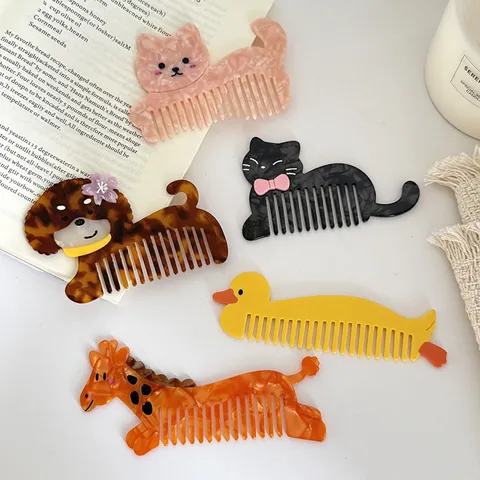 Peigne à Cheveux en Acétate en Forme d'Animal de Dessin Animé Mignon Peigne Démêlant à Dents Larges Peigne à Maquillage Portable Motif Marbre pour Quotidien Femmes Enfants