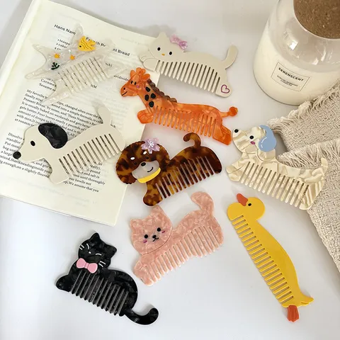 Peigne à Cheveux en Acétate en Forme d'Animal de Dessin Animé Mignon Peigne Démêlant à Dents Larges Peigne à Maquillage Portable Motif Marbre pour Quotidien Femmes Enfants
