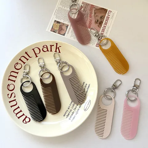 Mini Celluloseacetaat Kam Sleutelhanger Draagbare Haar Baard Styling Kam Tas Hanger Effen Kleur Make-up Kam Accessoire
