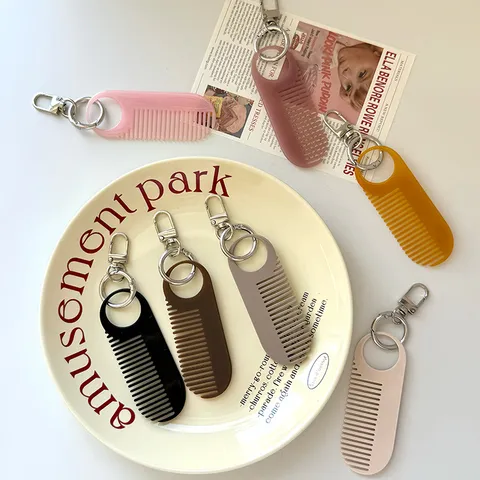 Mini Celluloseacetaat Kam Sleutelhanger Draagbare Haar Baard Styling Kam Tas Hanger Effen Kleur Make-up Kam Accessoire