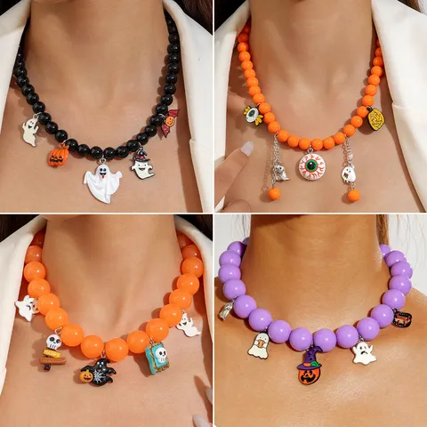 Parure de Bijoux à Perles Halloween Citrouille Fantôme Crâne Collier Bracelet en Perles Acryliques pour Femme Fête Accessoires