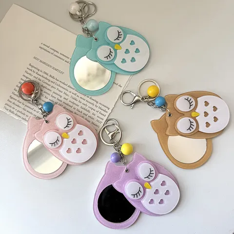 Simpatico Portachiavi Specchio da Trucco Gufo Cartoon Pendente per Borsa Animale in Acrilico Specchietto Portatile Donna