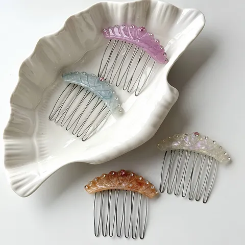 Sweet Cellulose Acetate Crown Hair Comb With Row Rhinestones Elegant Metal Teeth Hair Clip Hair Fork Styling Headpiece For Women Jewelry