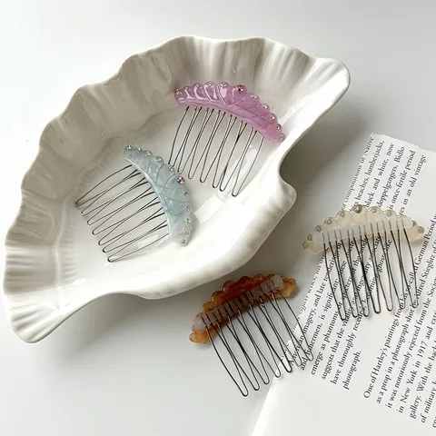 Sweet Cellulose Acetate Crown Hair Comb With Row Rhinestones Elegant Metal Teeth Hair Clip Hair Fork Styling Headpiece For Women Jewelry