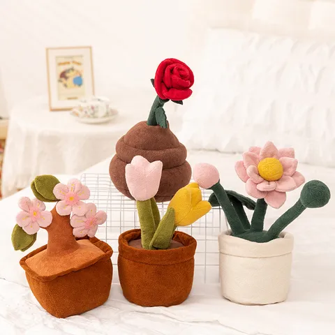 Simulation Plante en Pot Jouet en Peluche Tulipe Fleur de Pêcher Lotus Rose Poupée en Peluche Mignonne Décoration Intérieure