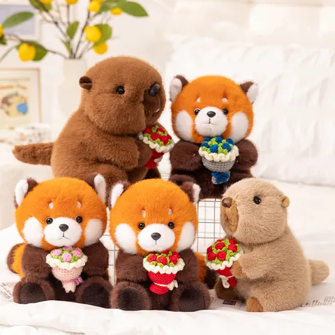 Süßes Waschbär Und Murmeltier Plüschtier Gestopftes Tier Mit Handgemachtem Häkelblumenstrauß Weiche Puppe Kreatives Geschenk