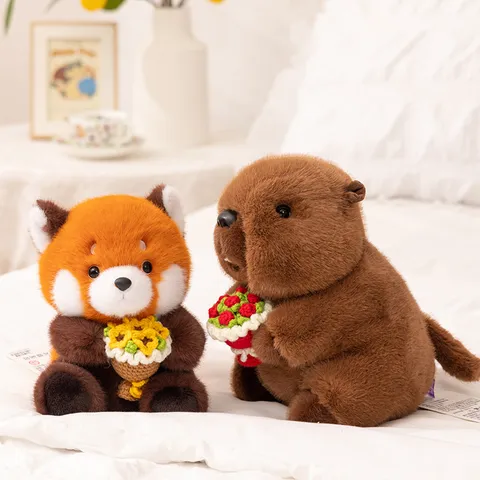 Süßes Waschbär Und Murmeltier Plüschtier Gestopftes Tier Mit Handgemachtem Häkelblumenstrauß Weiche Puppe Kreatives Geschenk