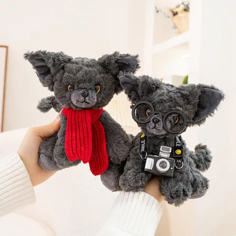 Cute Devon Rex Cat Plush Toy Palm Sized Stuffed Animal Doll With Lace Bib Camera Birthday Gift For Kids And Teens