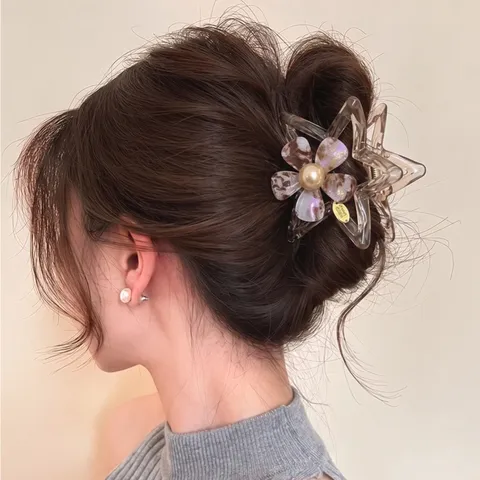 Elegante PC Bloem Ster Haarklem Voor Vrouwen Acetaat Look Luipaard Roze Bloemen Shark Clip Met Kunstparel Haaraccessoires