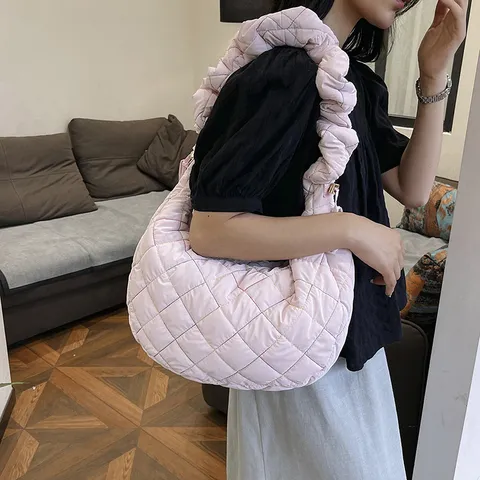 Donne Casual Nylon Trapuntato Borsa Tote Grande Capacita Commuting Puffer Borsa a Tracolla Con Manico Plissettato Borsa a Mano