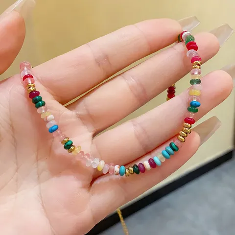 Bohemian Vintage Multicolor Stone Beaded Necklace For Women Elegant Gold Plated Copper Stainless Steel Chain Choker Necklace Jewelry Gift