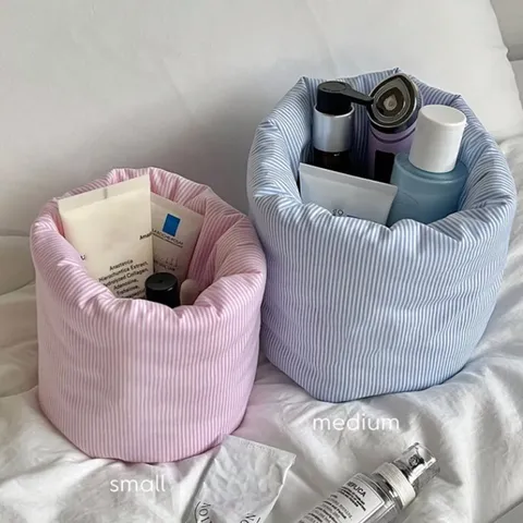 Panier de Rangement de Maquillage Rayé en Coton Mignon Organisateur de Cosmétiques Rond Rose Bleu Sac de Rangement de Bureau