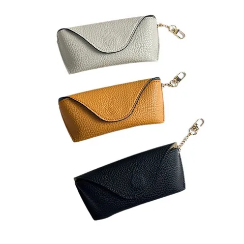 Minimalist PU Leather Glasses Case With Metal Chain Portable Sunglasses Storage Bag Travel Eyewear Pouch