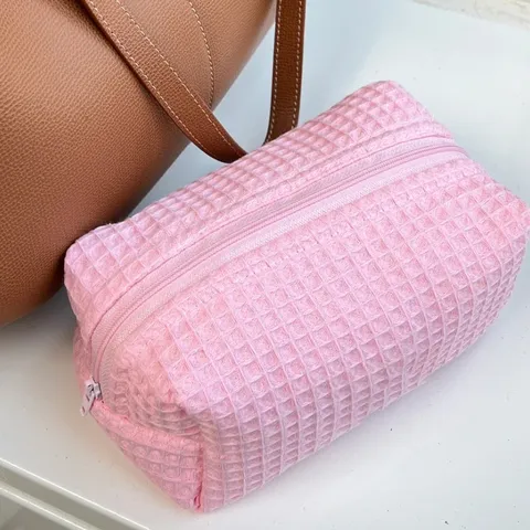 Koreaanse Ins Stijl Doorgewatteerde Cosmetische Tas Wafelstructuur Effen Kleur Rits Reis Huidverzorging Opslag Draagbare Make-up Pouch