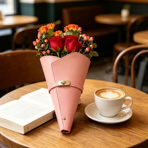Seau à Bouquet de Fleurs en Cuir PU Boîte d'Emballage Florale Conique Avec Serrure Métal Boîte Cadeau Fleur Unique Pour Fête