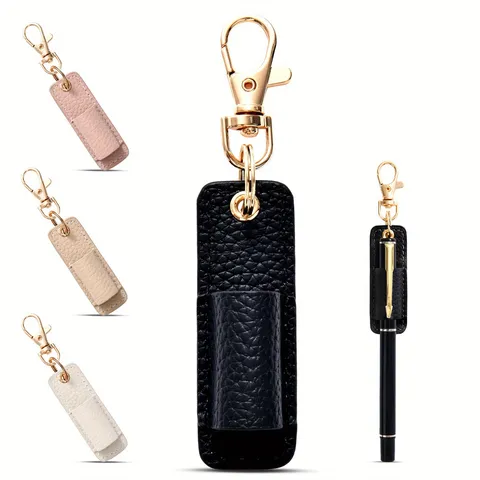 Porta Bolígrafos de Cuero PU Llavero Mini Clip de Almacenamiento de Pluma Estilográfica Organizador de Papelería Colgante para Oficina