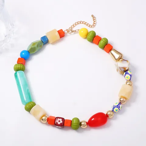 Artistic Sweet Colorful Irregular Geometric Beaded Necklace For Women Aesthetic Resin Glass Beads Patchwork Alloy Chain Necklace