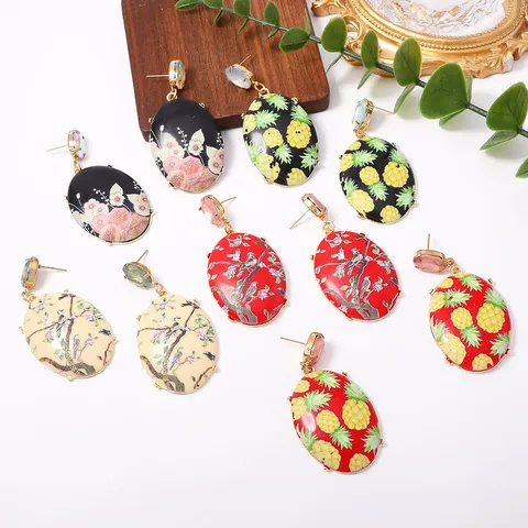 Neuer Chinesischer Stil Nationaler Trend Bedruckt Oval Hängeohrringe Nische Design Farbe Diamant Ohrstecker Elegante Damen Schmuck