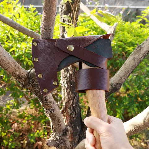 Étui pour Hache de Camping en Plein Air en Cuir Véritable Housse de Protection avec Passant de Ceinture Rivets Métalliques