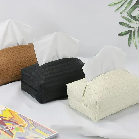 Modern Leather Woven Tissue Box Holder Decorative Rectangle Facial Paper Dispenser For Living Room Home Decor