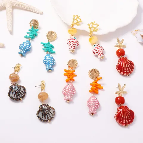 Orecchini Pendenti in Ceramica con Creature Marine per Donna Estate Spiaggia Vacanza Moda Stella Marina Conchiglia Pesce Gioielli