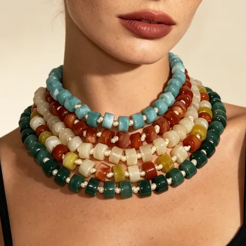 Collana di Perle in Resina Tie Dye Casual Estiva per Donna Filo di Perle a Cilindro Geometrico Colorato Gioielli da Vacanza