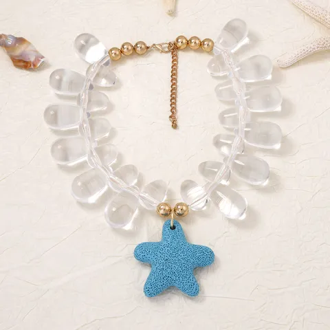 Bohemian Beach Resort Resin Beaded Necklace Exaggerated Volcanic Stone Starfish Fish Pendant Lobster Clasp Adjustable Chain Necklace For Women Jewelry