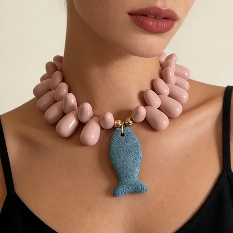 Bohemian Beach Resort Resin Beaded Necklace Exaggerated Volcanic Stone Starfish Fish Pendant Lobster Clasp Adjustable Chain Necklace For Women Jewelry