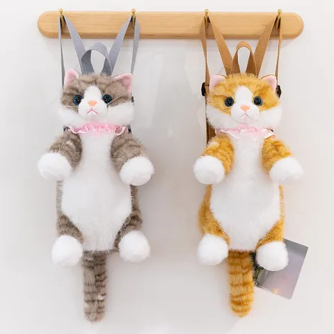 Cute Cartoon Simulation Cat Plush Toy Backpack Animal Doll Double Shoulder Bag Kawaii Kitten School Bag Gift