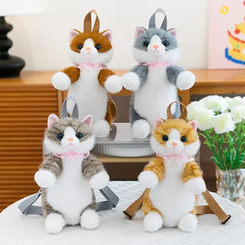 Cute Cartoon Simulation Cat Plush Toy Backpack Animal Doll Double Shoulder Bag Kawaii Kitten School Bag Gift