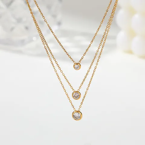 Collana Minimalista a 3 Strati in Acciaio Inossidabile Placcato Oro per Donna Pendente in Strass Tondo Collana a Catena Gioielli