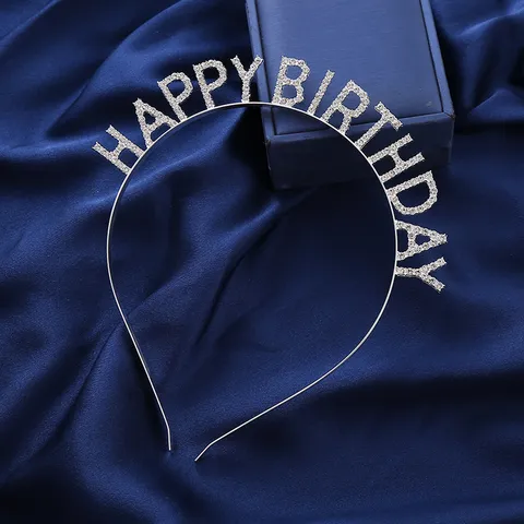 Serre-tête Joyeux Anniversaire Strass Métal Argenté Lettres Scintillantes Anneau de Cheveux Mode Fête Coiffure Décorative