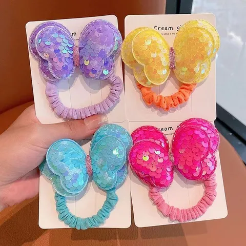 Chouchou à Paillettes pour Enfants Mignon Petite Fille Double Couche Papillon Élastique Accessoires de Cheveux