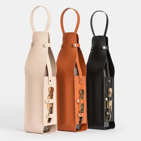 Sac à Bouteille de Vin en Cuir PU Sac Cabas de Vin Unique Portable avec Support de Tire-Bouchon Porte-Vin Cadeau Élégant pour Fête de Pique-Nique