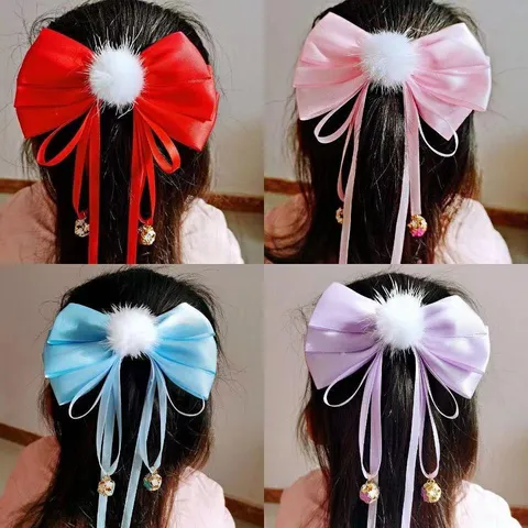 Children Festive Hair Clip Cute Bow Tassels Duckbill Clip Hanfu Long Ribbon Bell Hair Pin Girls Hair Accessories