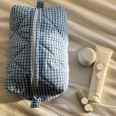 Korean Style Ins Thickened Cotton Cosmetic Bag Fresh Portable Toiletry Bag Quilted Large Capacity Makeup Organizer Pouch