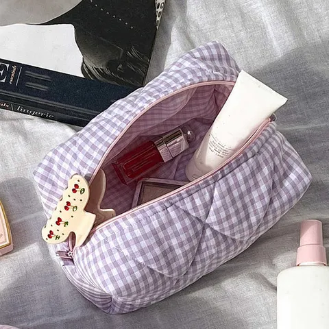 Korean Style Ins Thickened Cotton Cosmetic Bag Fresh Portable Toiletry Bag Quilted Large Capacity Makeup Organizer Pouch