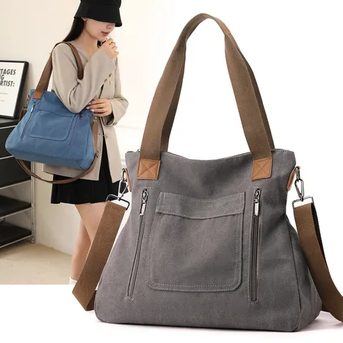 Donne Grande Capacità Tela Borsa Tote Casual Tinta Unita Spalla Tracolla Borsa Con Tasca Con Cerniera