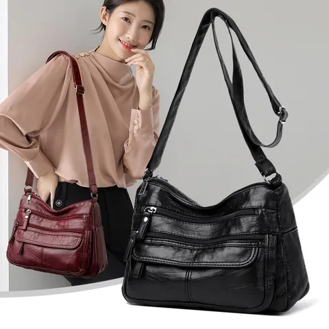 Borsa a Tracolla in Pelle PU Lavata Per Donne Tasche Multiple Borsa Casual Borsa in Pelle Morbida Retro