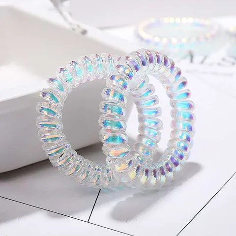 Japanese Lolita Laser Holographic Telephone Wire Hair Ties Iridescent Clear Plastic Resin Spiral Coil Hair Bands For Women Teens Daily Party Dress Up Decor