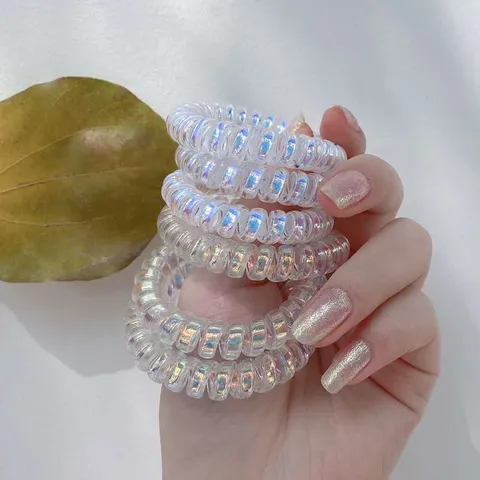 Japanese Lolita Laser Holographic Telephone Wire Hair Ties Iridescent Clear Plastic Resin Spiral Coil Hair Bands For Women Teens Daily Party Dress Up Decor