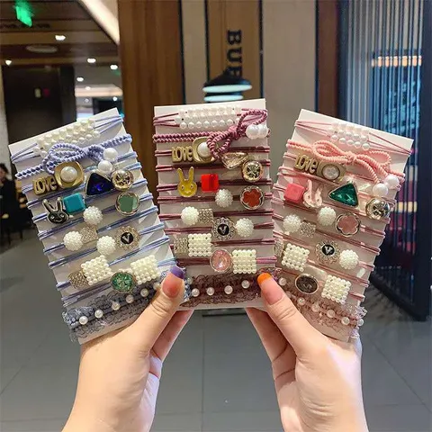 Koreaanse Stijl Legering Kunstparel Haarelastiekjes Set Fris Zoet Strass Hart Haarelastieken Pak Voor Vrouwen Dagelijkse Hoofddeksels Cadeau