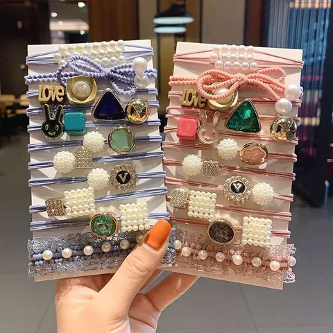 Koreaanse Stijl Legering Kunstparel Haarelastiekjes Set Fris Zoet Strass Hart Haarelastieken Pak Voor Vrouwen Dagelijkse Hoofddeksels Cadeau