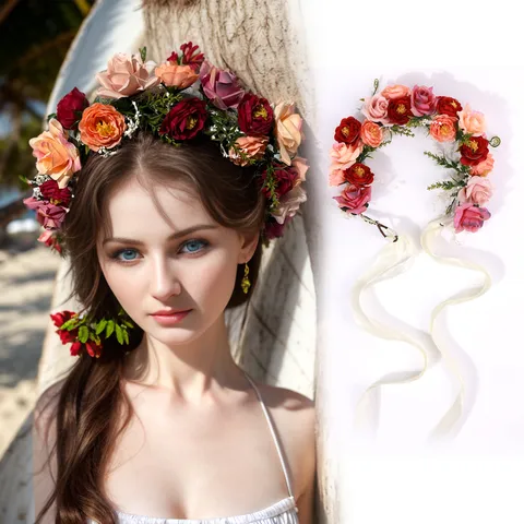 Bohemian Bridal Flower Crown Headband For Wedding Vacation Photography Floral Wreath Hair Ribbon Accessories For Women