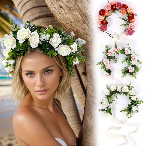 Bohemian Bridal Flower Crown Headband For Wedding Vacation Photography Floral Wreath Hair Ribbon Accessories For Women