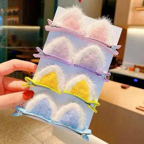 Cute Plush Cat Ears Hair Clips For Kids Girls 3D Animal Furry Barrettes Handmade Pair Bowknot Duckbill Costume Hairpins Accessories