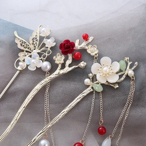 Vintage Chinese Style Flower Butterfly Metal Hair Stick Long Tassel Artificial Pearl Hair Fork Hanfu Cheongsam Hair Accessories For Women Jewelry